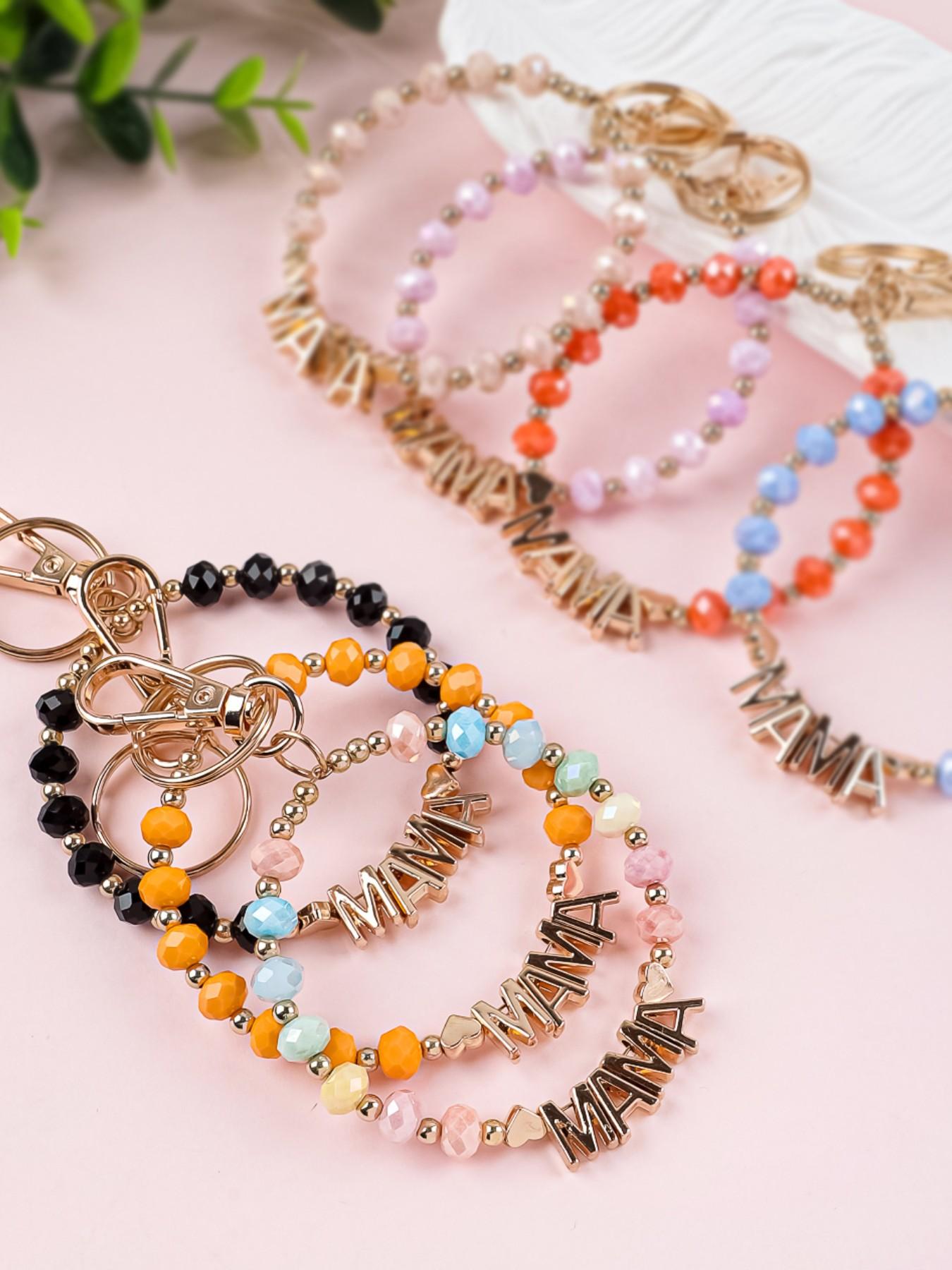 Handmade Beaded Mama Letter Keychain, Colorful Faceted Crystal Bracelet, Mother's Day Gift for Mom, Bag & Car Hanging Ornament