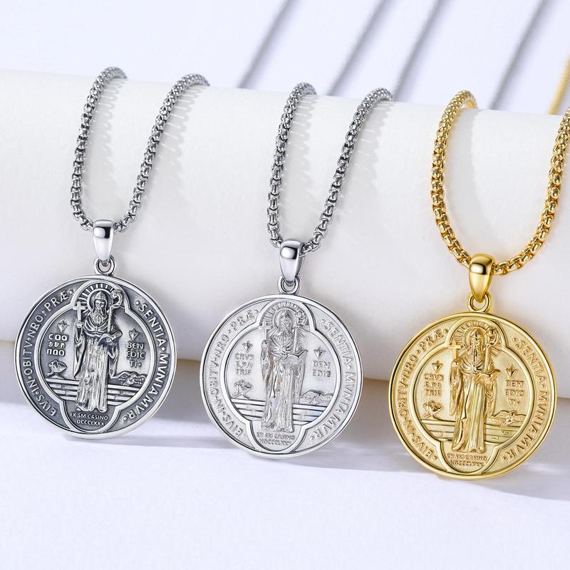 DRINSPER San Benito plata 925 colgante collar, Saint Benedict Pendant Necklace, 925 Sterling Silver, Vintage St Benedict Medal, Christians Belief Religious Jewelry Gift for Men Women