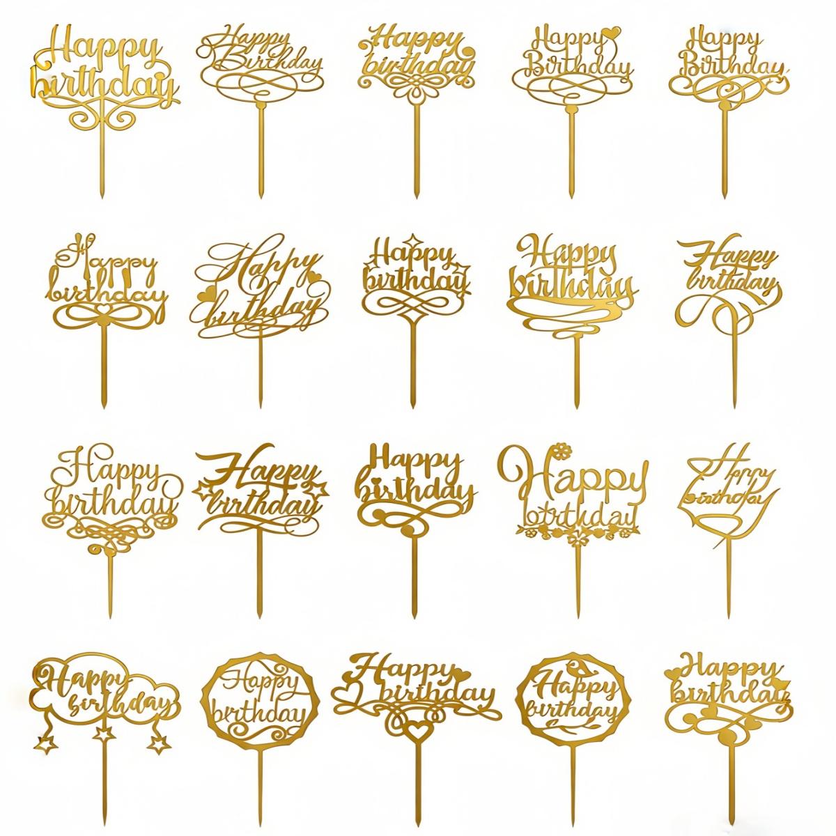20 Pieces/set Style Happy Birthday Acrylic Cake Decorations, Party Cake Insert Set, 20 Styles, Birthday Cake Decoration Kit