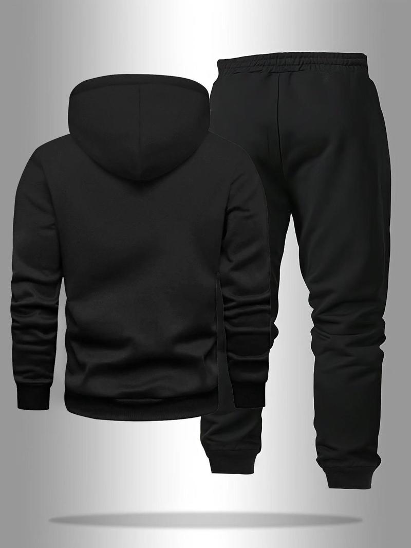 Men's Fall Winter Casual Sportswear Set, Sweatsuit with Pockets, Fashion Artistic Letter Print Hoodie & Drawstring Pants, Comfortable Warm Two-Piece