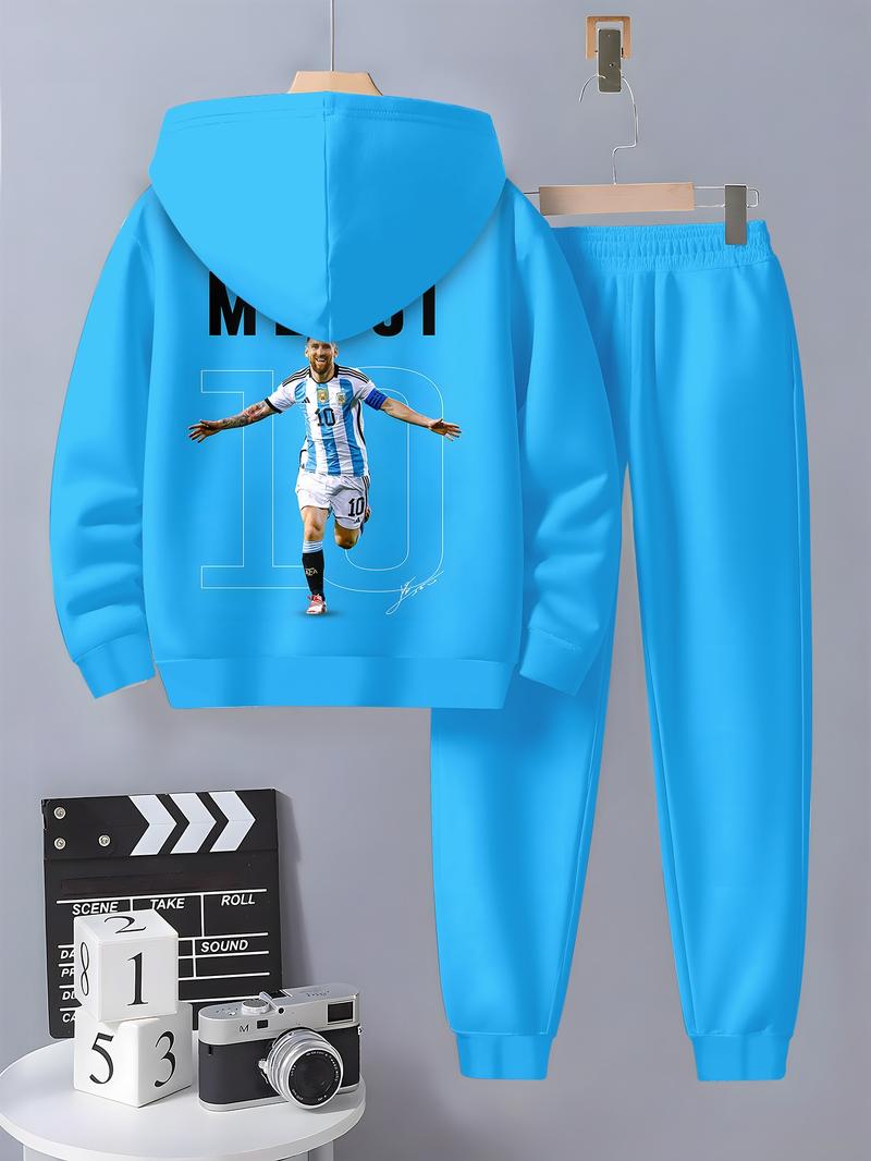 Boys' Football Theme Hoodie & Jogger Set, Casual Fitted Sportswear for Spring & Fall, Warm Comfortable School Training Daily Wear