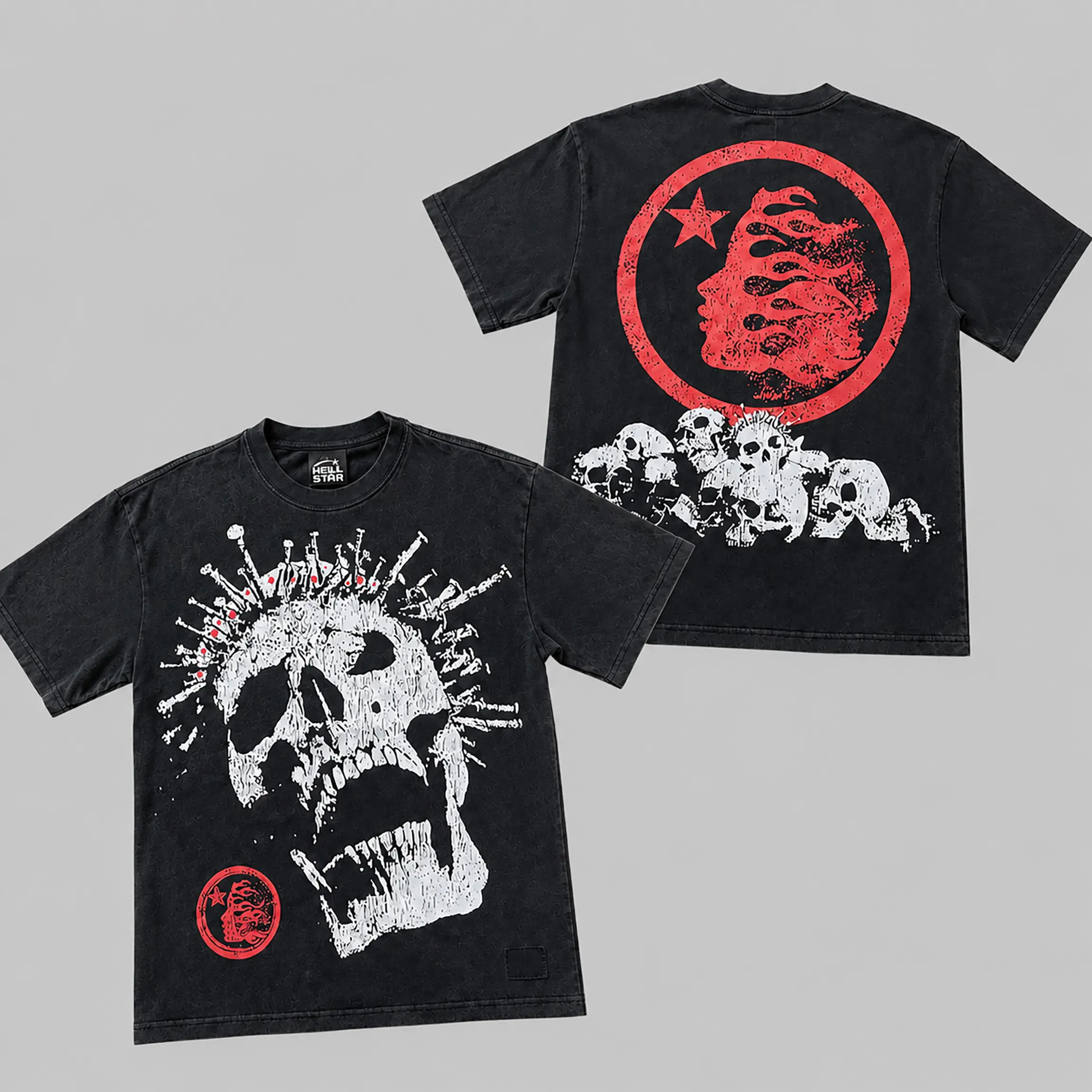 Hellstar Skull Graphic T Shirt Heavyweight Cotton Vintage Washed Oversized Short Sleeve Tee for Summer Casual Streetwear Y2K Hip Hop Aesthetic Outfit for Men Women Unisex Trendy Fashion Top
