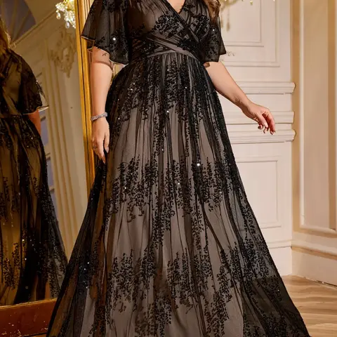 Plus Size V Neck Lace Sleeve Glitter Sequin Patchwork Mesh Evening Gown Dress, Formal Elegant Party Wear, Stylish Cocktail Dress, Elegance