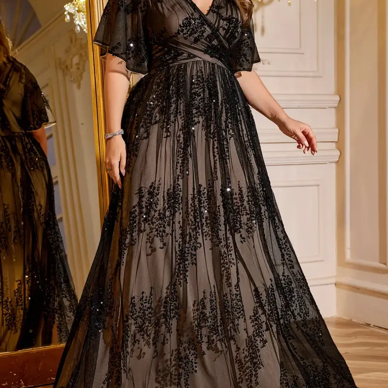 Plus Size V Neck Lace Sleeve Glitter Sequin Patchwork Mesh Evening Gown Dress, Formal Elegant Party Wear, Stylish Cocktail Dress, Elegance