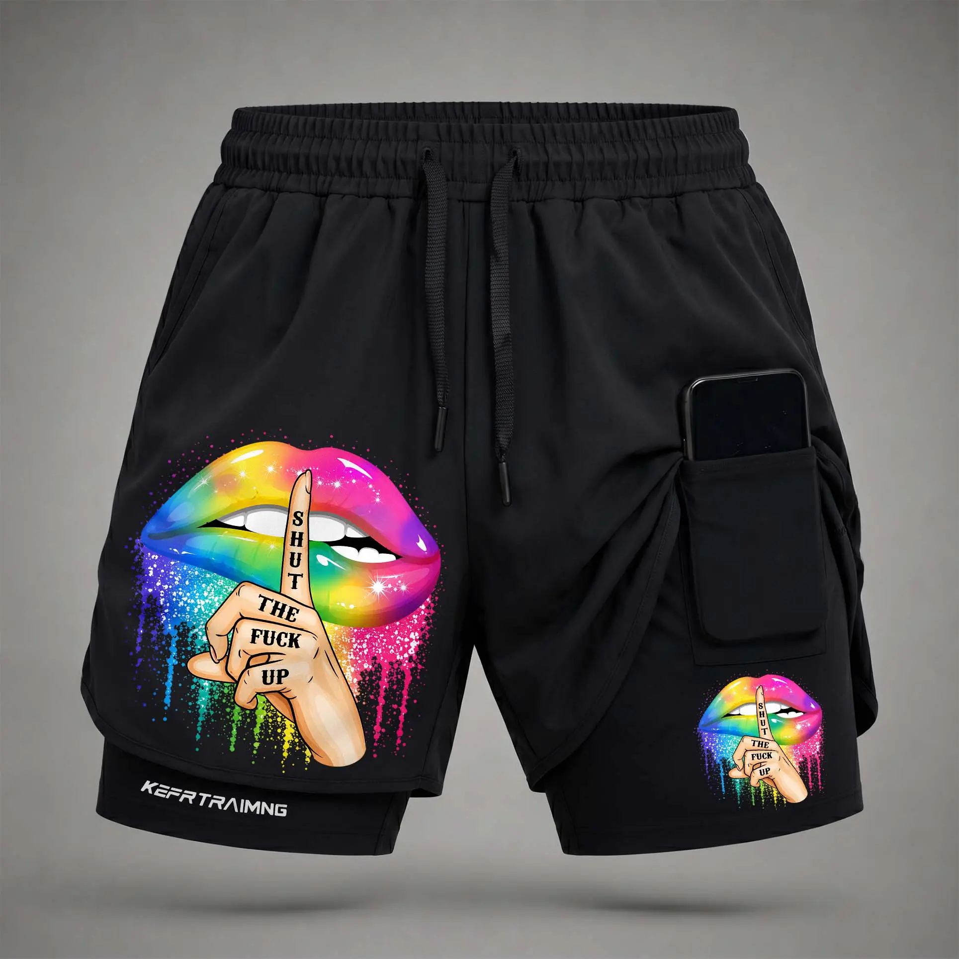 Men’s" Shut The Fuck Up Graphic Print 2-in-1 Athletic Shorts, Built-in Compression Liner, Secure Inner Phone Pocket, Elastic Drawstring Waist, Quick-Dry Gym Running Training Shorts for Summer Daily Wear