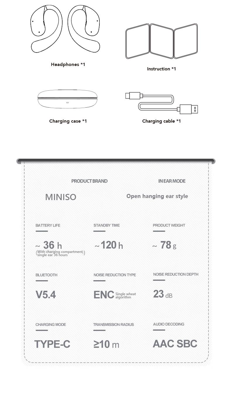 MINISO X69 OWS Wireless Headphones Open Ear Earbuds Bluetooth 5.4,Earphones HiFi Sound Headset with Charging Case Audio Electronic