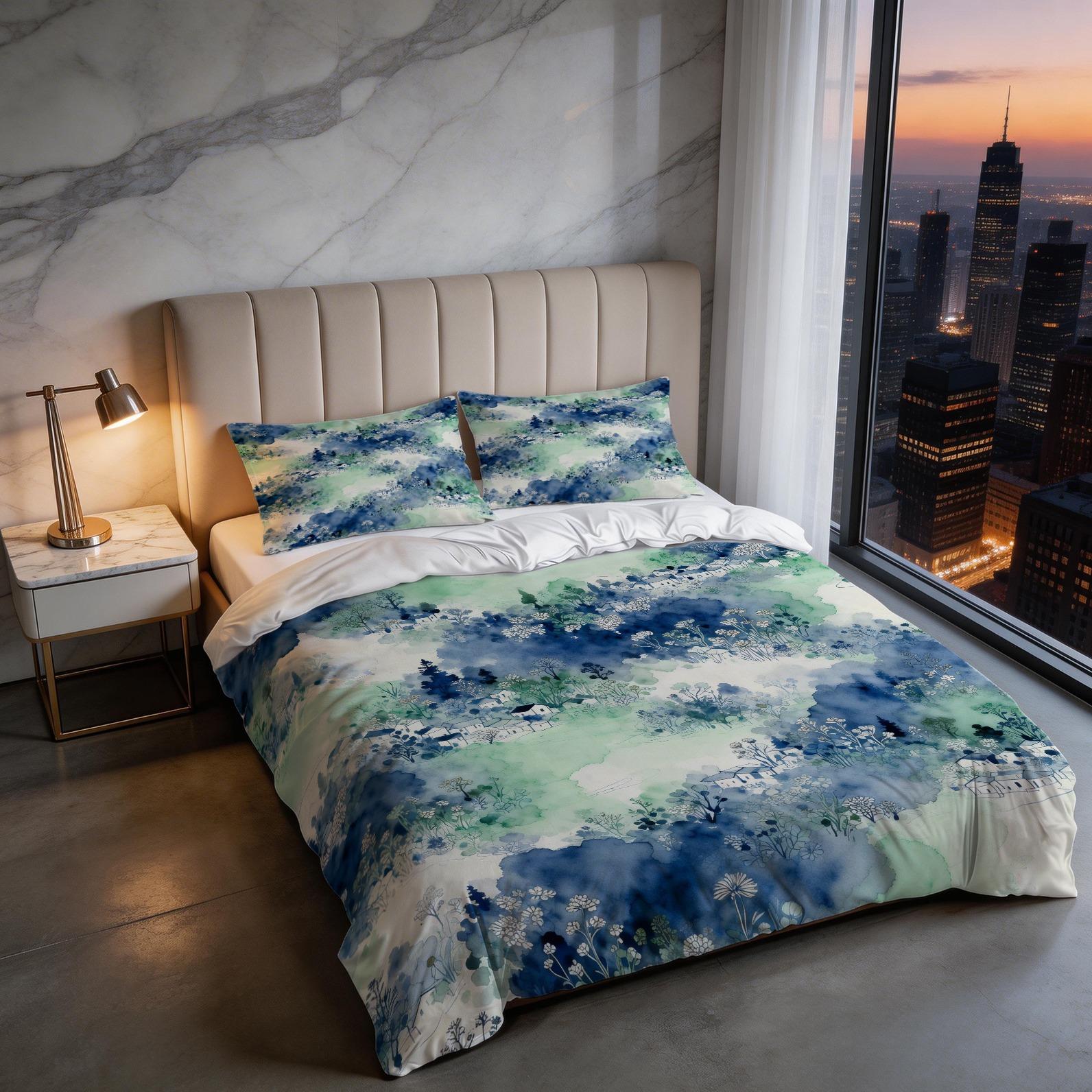 2/3 Pcs Watercolor Landscape Checkered Duvet Cover Set, HD Digital Printed Comforter Cover, Soft Breathable Bedding Set with Zipper & Corner Ties, No Insert, for Bedroom Decor