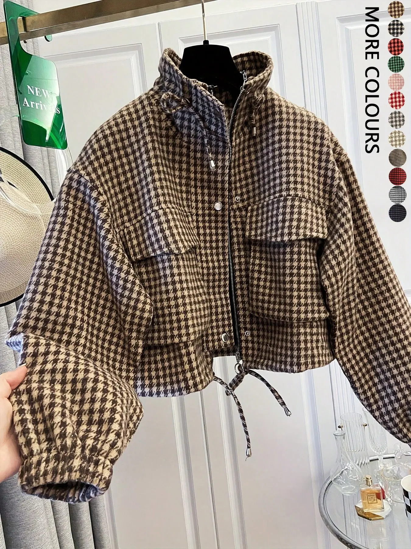 【Black Friday】Women's Fashion Retro Plaid Stand Collar Short Coat, Adjustable Drawstring Design, Zipper Front, Perfect for Fall & Winter Daily Holiday Outing