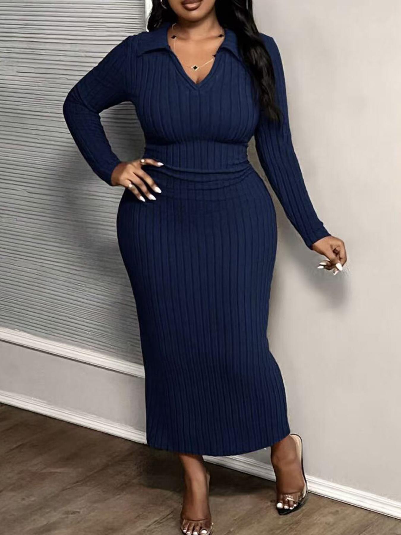 【Plus Size】1 Piece Plus Size Ribbed Knit Midi Dress with Collared V-Neck, Elegant Casual Style, Stretchy Fabric & Bodycon Fit, Flatters Curves Perfectly, Suitable for Plus Size Women's Office, Dinner Dates & Weekend Events