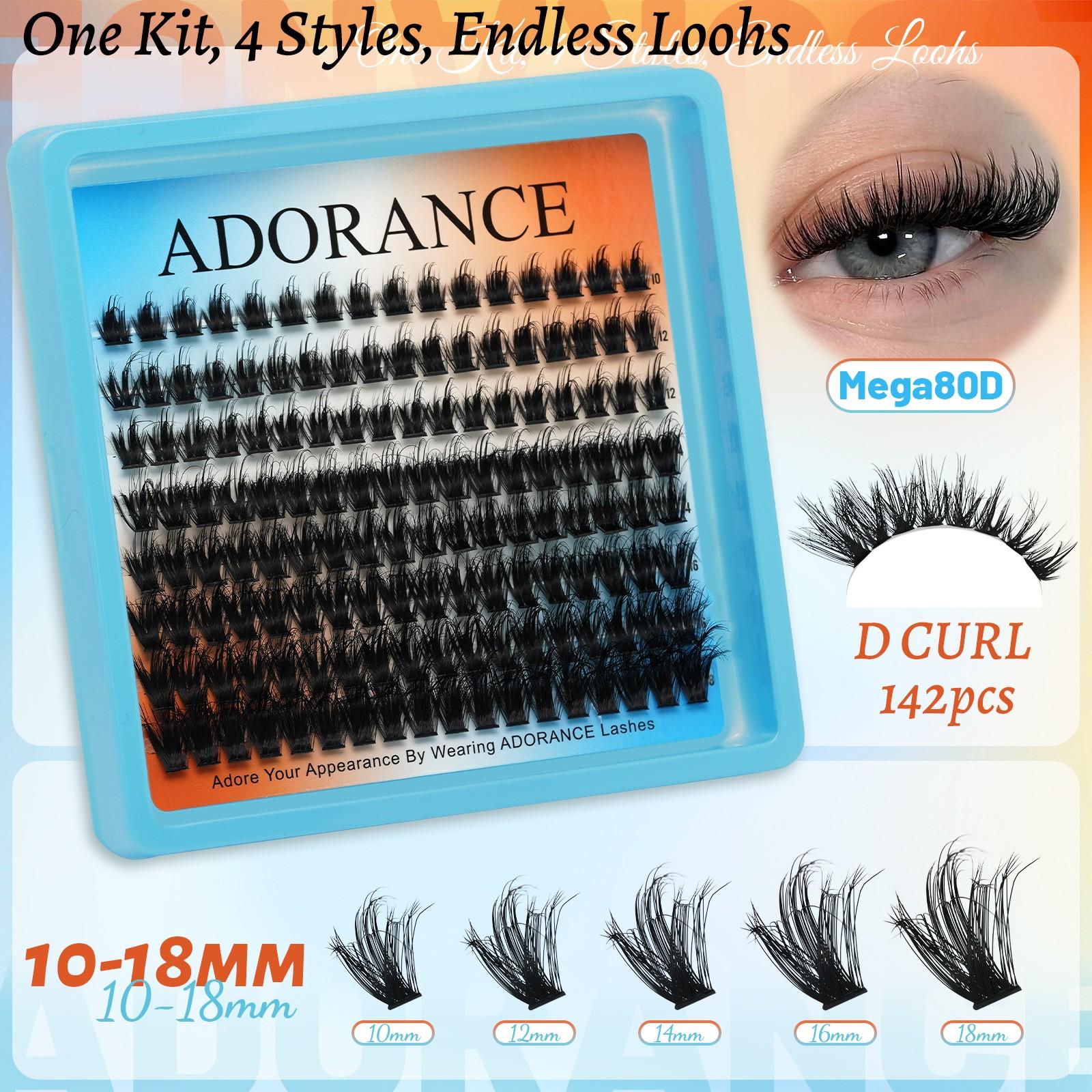 ADORANCE Lash Clusters Kit 550 PCS, 4 Styles (Volume 80D/100D, Mega 80D/100D) Individual Lash Extensions Mini Kit with Lash Bond and Seal, Lash Glue Remover & Eyelash Tweezers, Perfect for Daily Makeup, Parties, Weddings & Home DIY Use