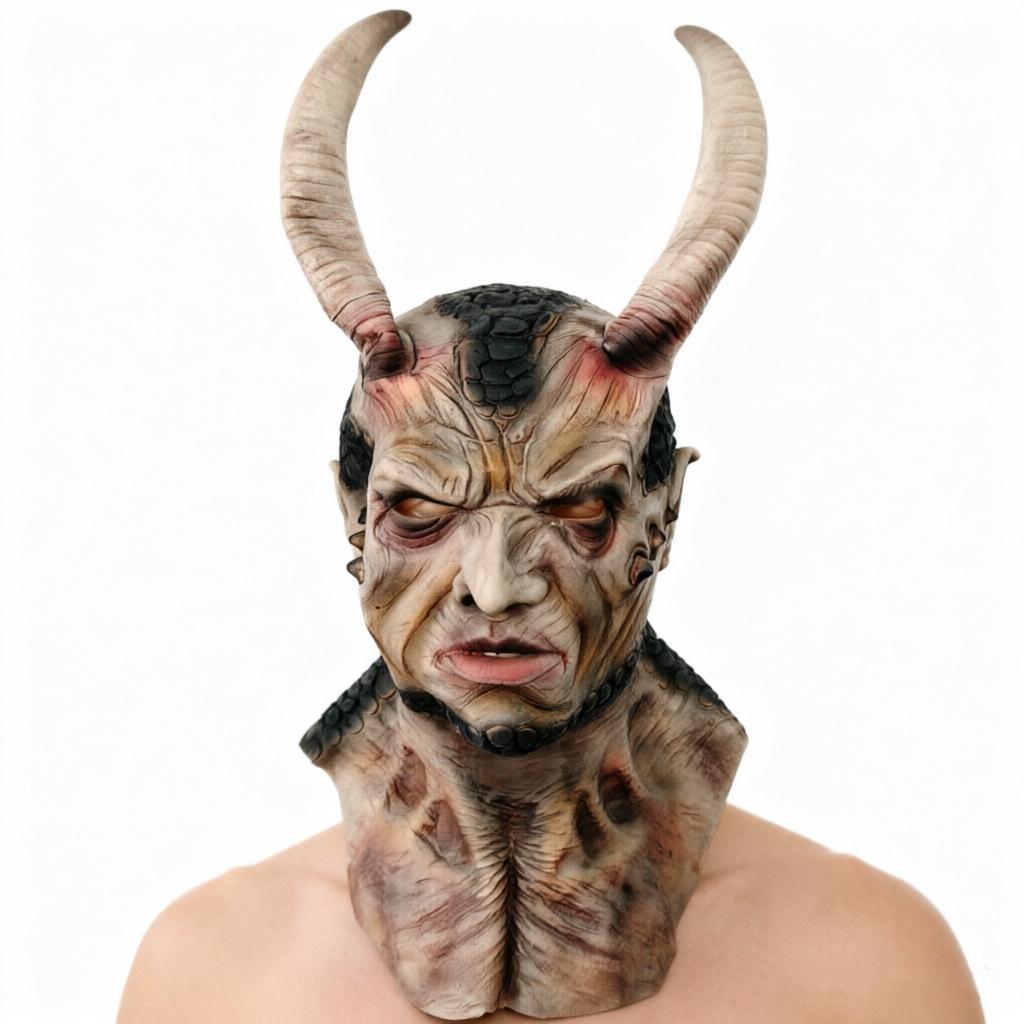Premium Latex Texture Devil Full Headpiece, Hand-Painted Scales, Halloween Costume Accessory, High-Quality Horror Look