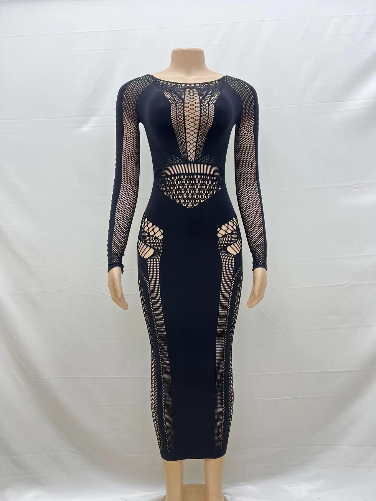 Hollow Out Women's Plain Boat Neck Bodycon Dress Street Fashion Long Sleeve Elegant Wear Black Crewneck Basic Midi Dress For Party Club Dating