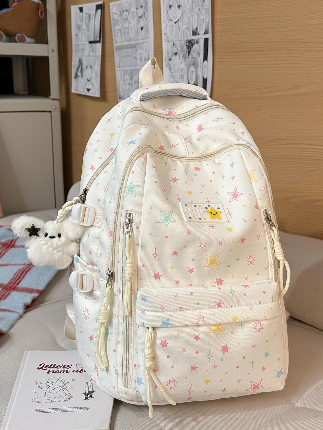 2026 New Cute Waterproof Fashion Star Pattern Backpack, High School Student Book Bag, Large Capacity Dual Shoulder Bag with Charm