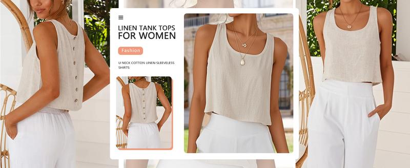 IDEALSANXUN Womens Square Neck Linen Crop Tank Top - Y2K Ruched Wide Strap Flowy Blouse, Casual Chic Loose Fit for Spring Summer Beach Vacation