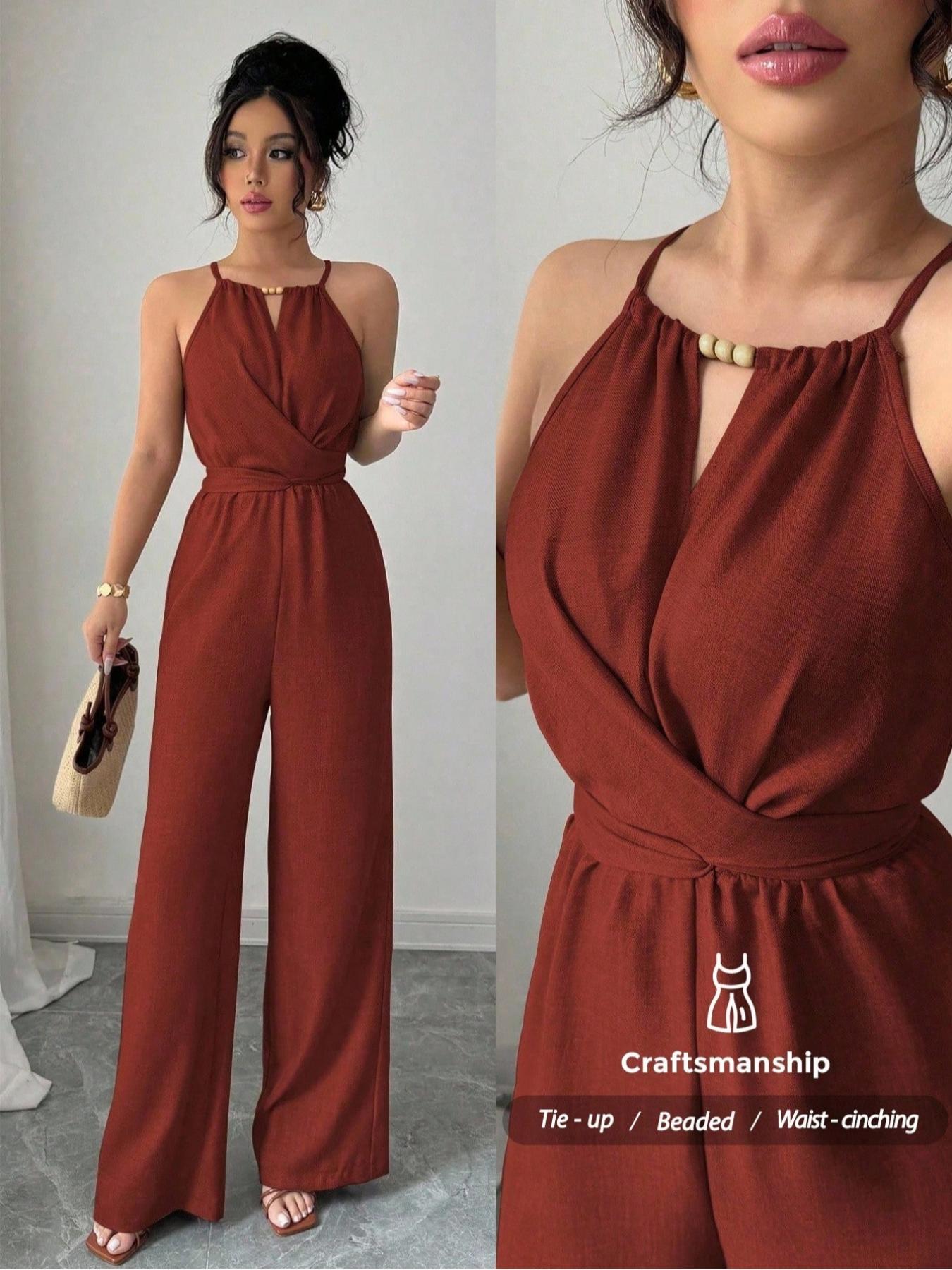 Elegant Women's Solid Color Beaded Jumpsuit, Womenswear, Perfect for Parties and Formal Occasions, Sleeveless Design for Layering