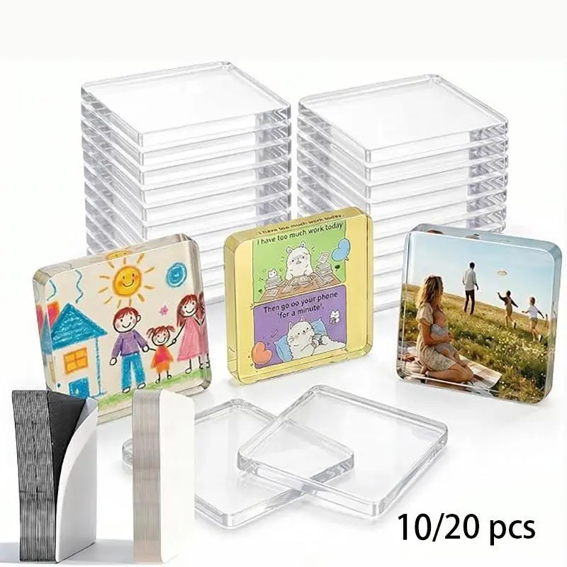 10/20 Pcs Transparent Acrylic Refrigerator Magnets, DIY Magnetic Frames with Adhesive Backing, Decorative Square Design for Photos, Crafts & Home Office Decor