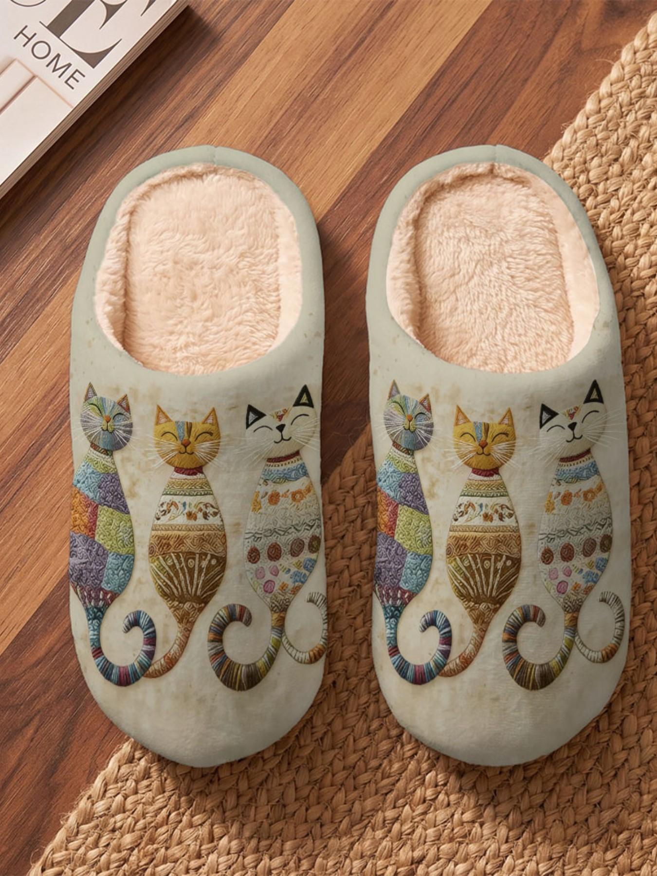 Women's Halloween Plush House Slippers, Cute Pet Prints, Fall Winter Non-Slip Warm Indoor Shoes, Casual Fabric Upper