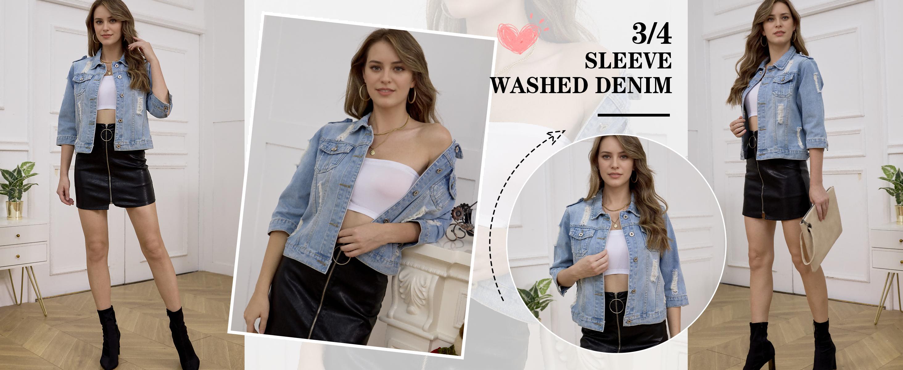 Hixiaohe Women’s 3/4 Sleeve Washed Denim Jackets Distressed Light Cropped Jean Jackets Coats Casual Womenswear TikTokShopBlackFriday SpringStatements