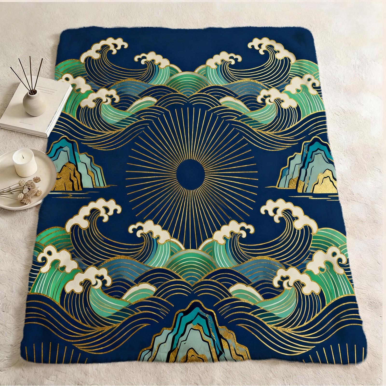 1 Piece Japanese Wave Sun Blanket, Navy Blue Gold Foil Great Wave HD Digital Single-Sided Print Flannel Throw Blanket, Super Soft Plush Warm Blanket for Couch Bed Travel, Multipurpose Cozy Gift Blanket
