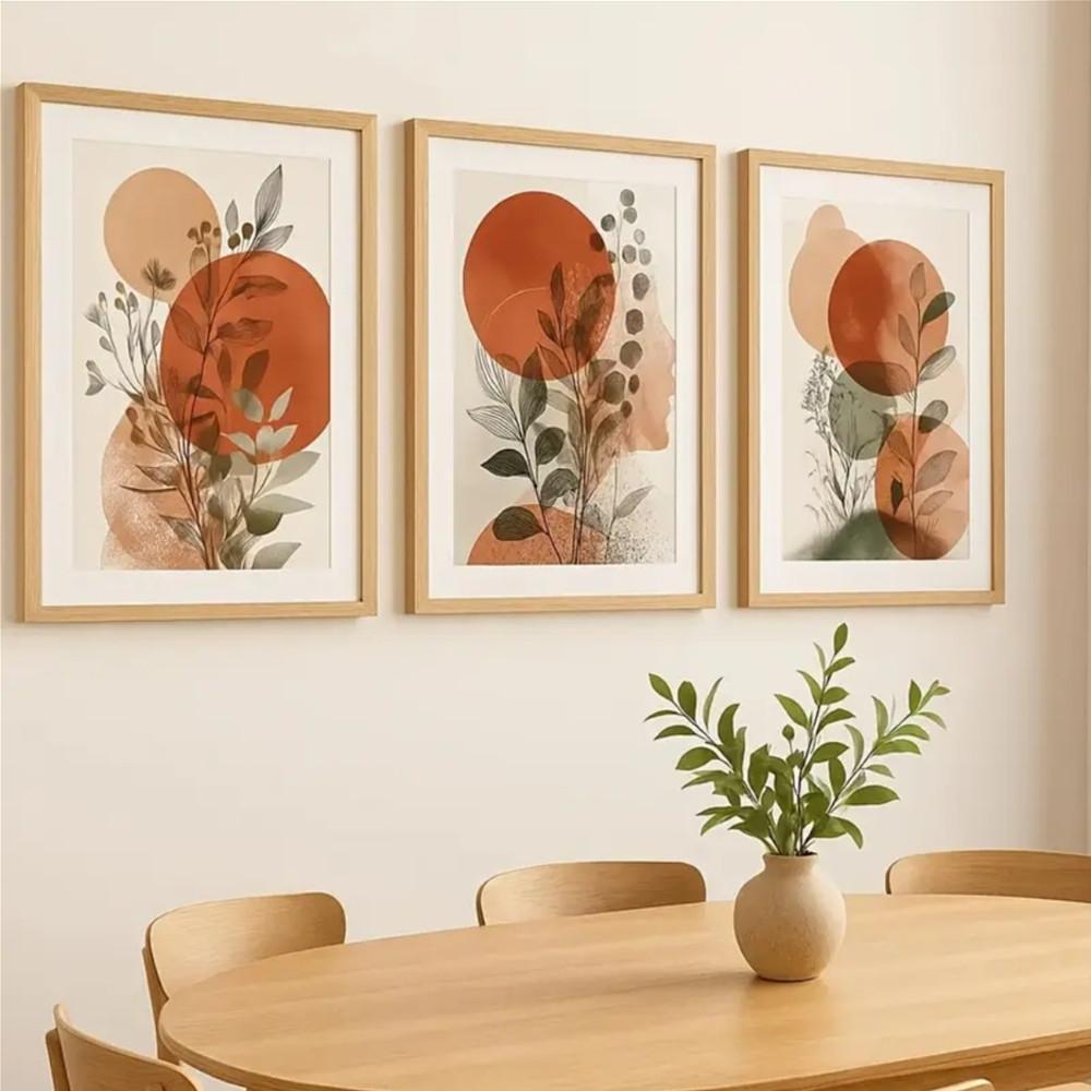 3-Piece Optional Wooden Frame Bohemian Terracotta Geometric Leaf Abstract Floral Art High Color Reduction Flat Surface Minimalist Home Background Decor