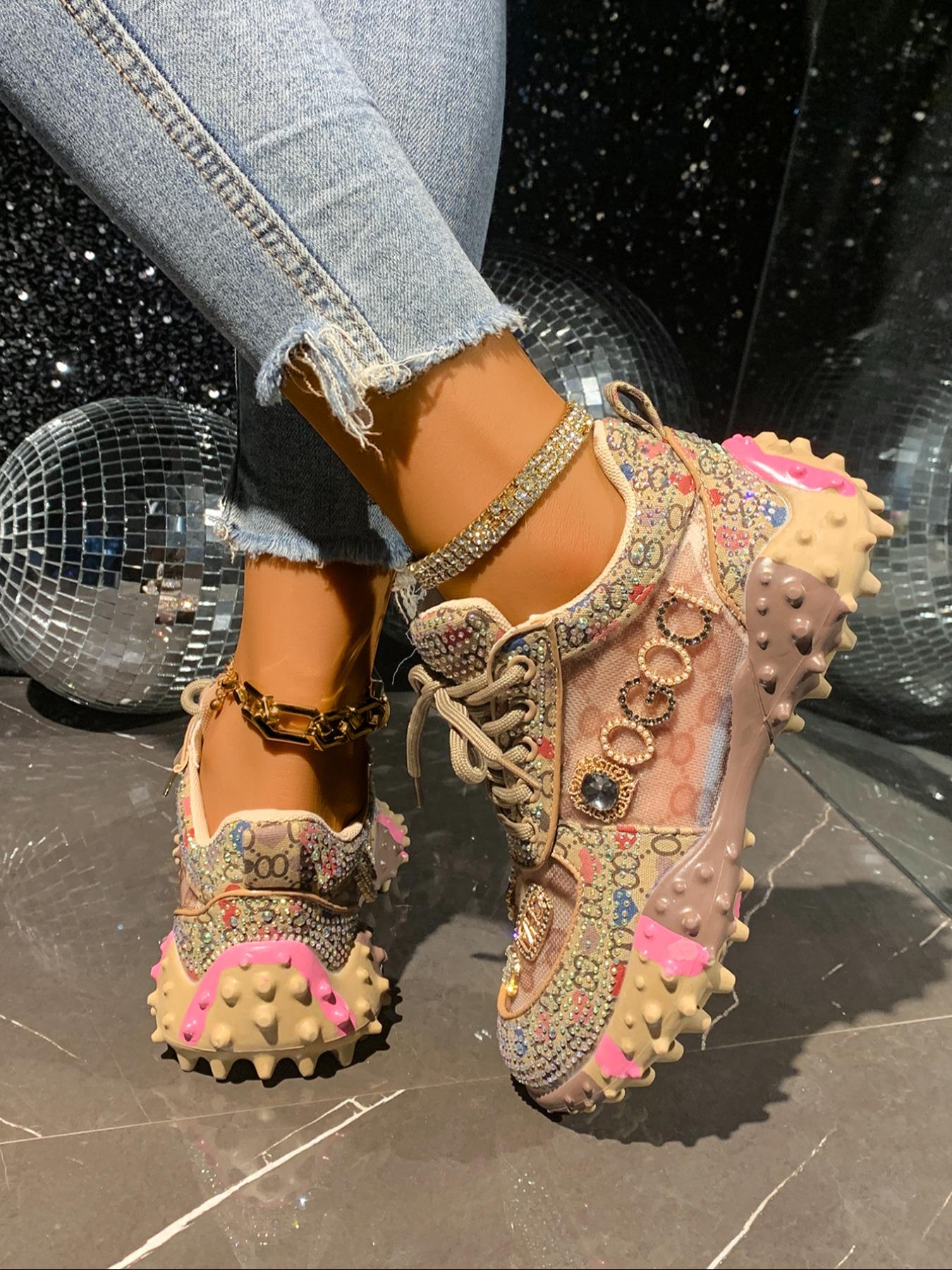 Sweet Cool Full Diamond New Street Casual Sports Shoes, Textile Upper, Rubber Sole, All Seasons, Less Than Ankle Height, Plain Style