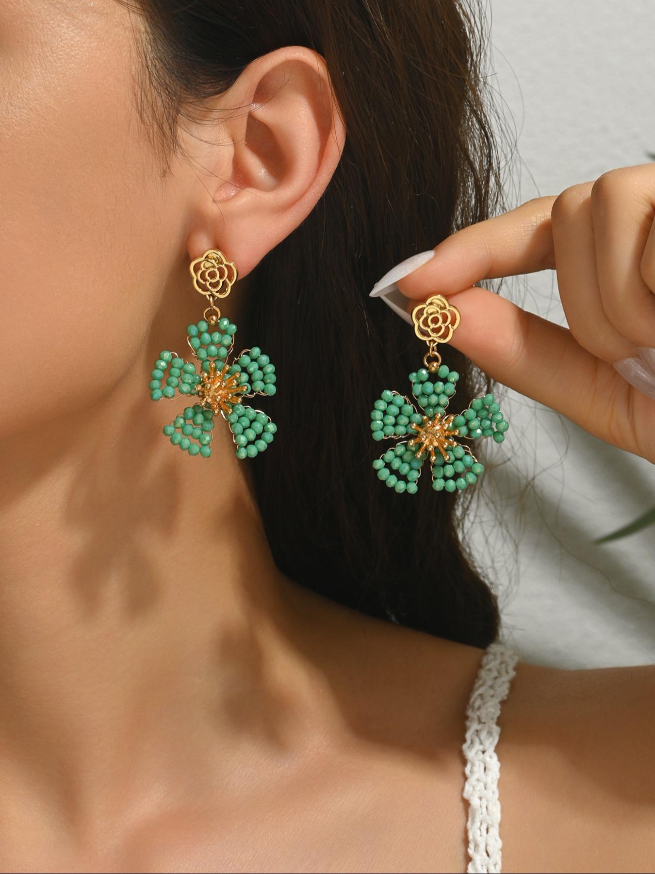 A pair of handcrafted, bohemian-style vintage dangle earrings featuring beaded floral designs—the perfect gift for a loved one, mother, or friend. An ideal present for Valentine's Day, Mother's Day, International Women's Day, wedding season, Thanksgiving