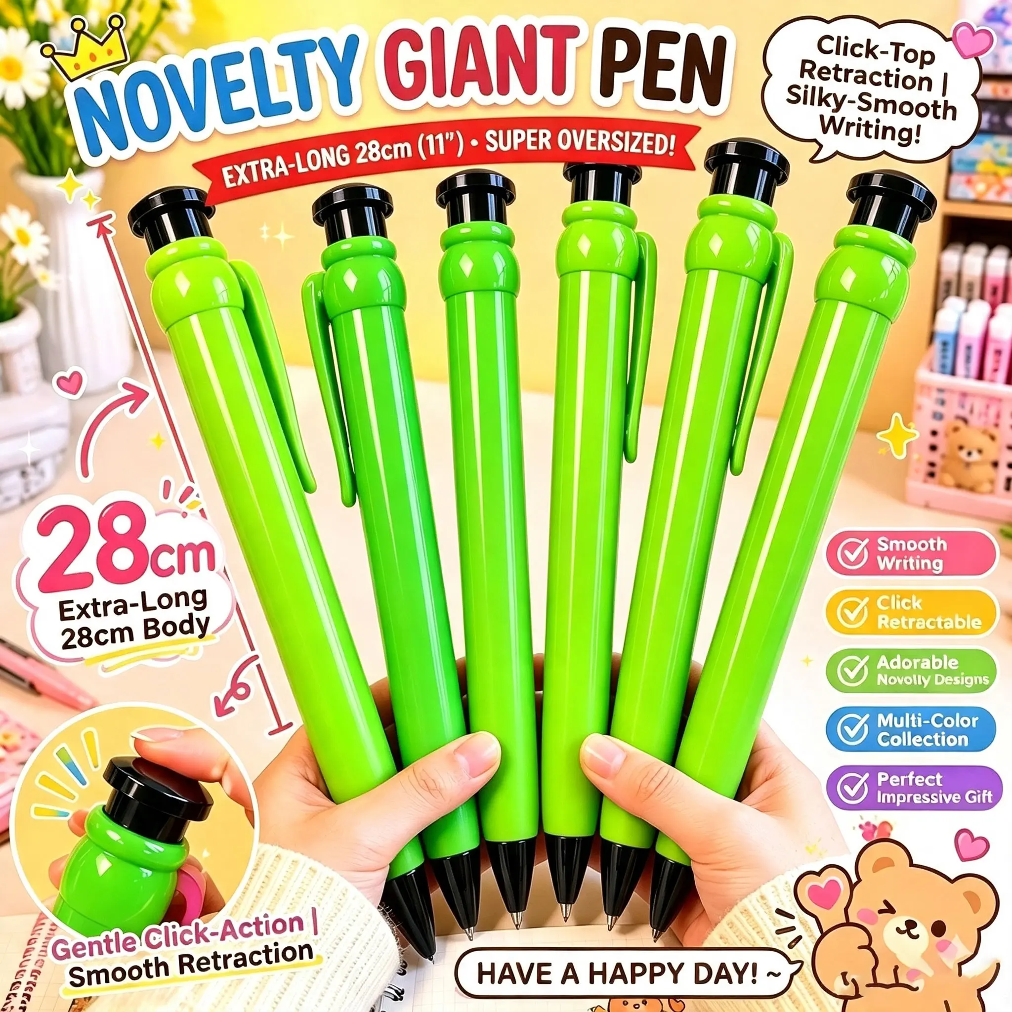 6-Pack 28cm Giant Retractable Pens, Cute Large Ballpoint Pens, Fun Stationery Gifts, Student Back-To-School Essentials, Colleague Birthday Party Gift