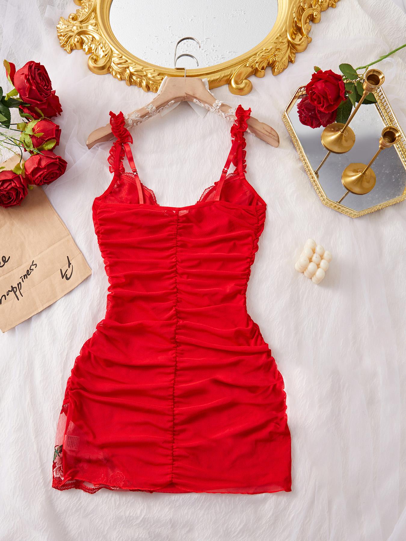 Women's Sheer Lace Sleeveless Rose Embroidery Nightgown, Floral Lace Sleepwear, Fashionable Home Sleepwear, Sexy Style, Includes T-Shirt Pants