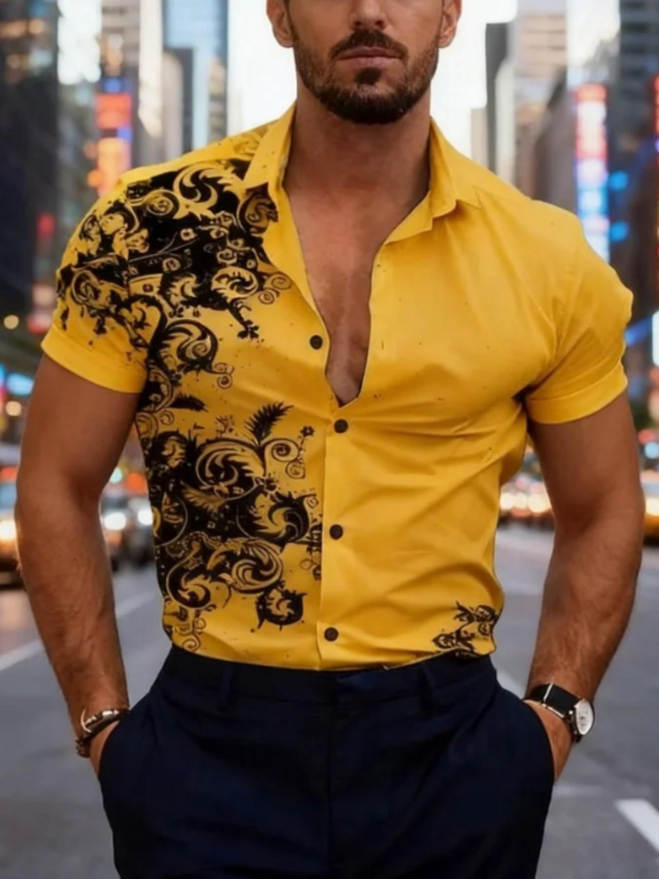 Men's Baroque Print Short Sleeve Shirt, Summer Slim Fit Casual Vacation Open Front, European and American Style Fashion Floral Blouse