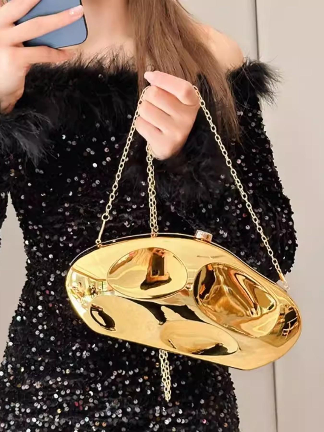 Elegant Acrylic Shoulder Clutch, Cute New Fashion Evening Bag, Luxury Crossbody Bag, Silver Gold Bead Handbag, Small Oval Shiny Handheld Bag, Trendy Chain Multi-Use Bag