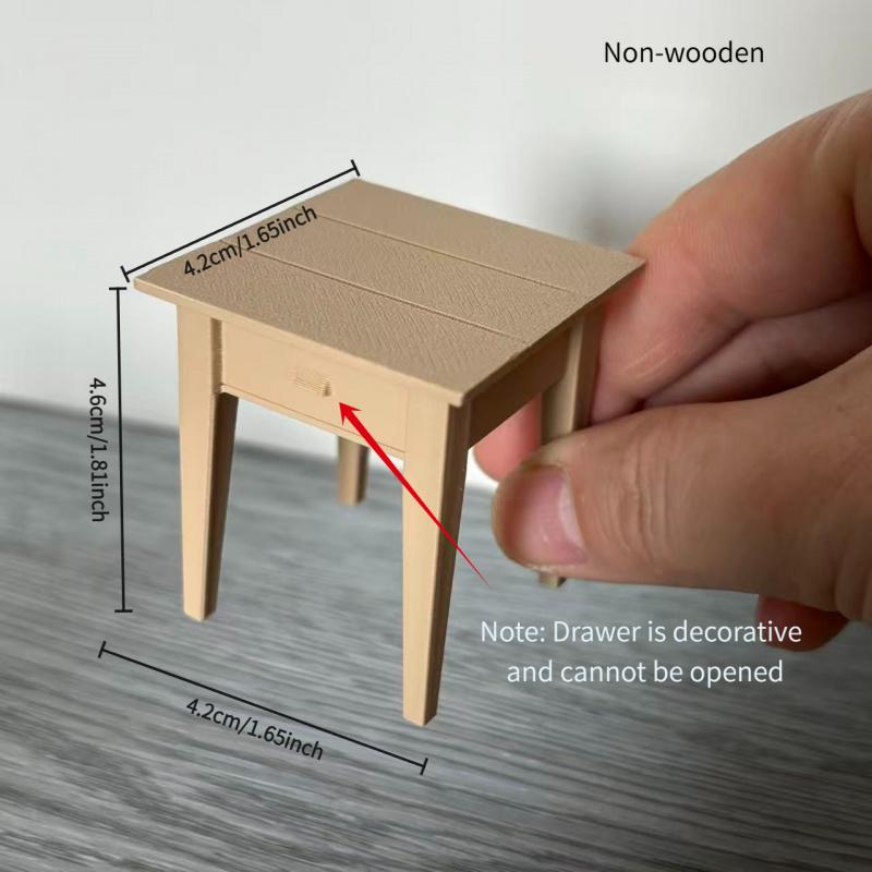 1:12 scale mini bedside table model, minimalist design, made of PLA material (not wood). Very suitable for decorating dollhouse bedrooms, model houses, BJD and OB11 dollhouse decorations, holiday gifts, and birthday surprises