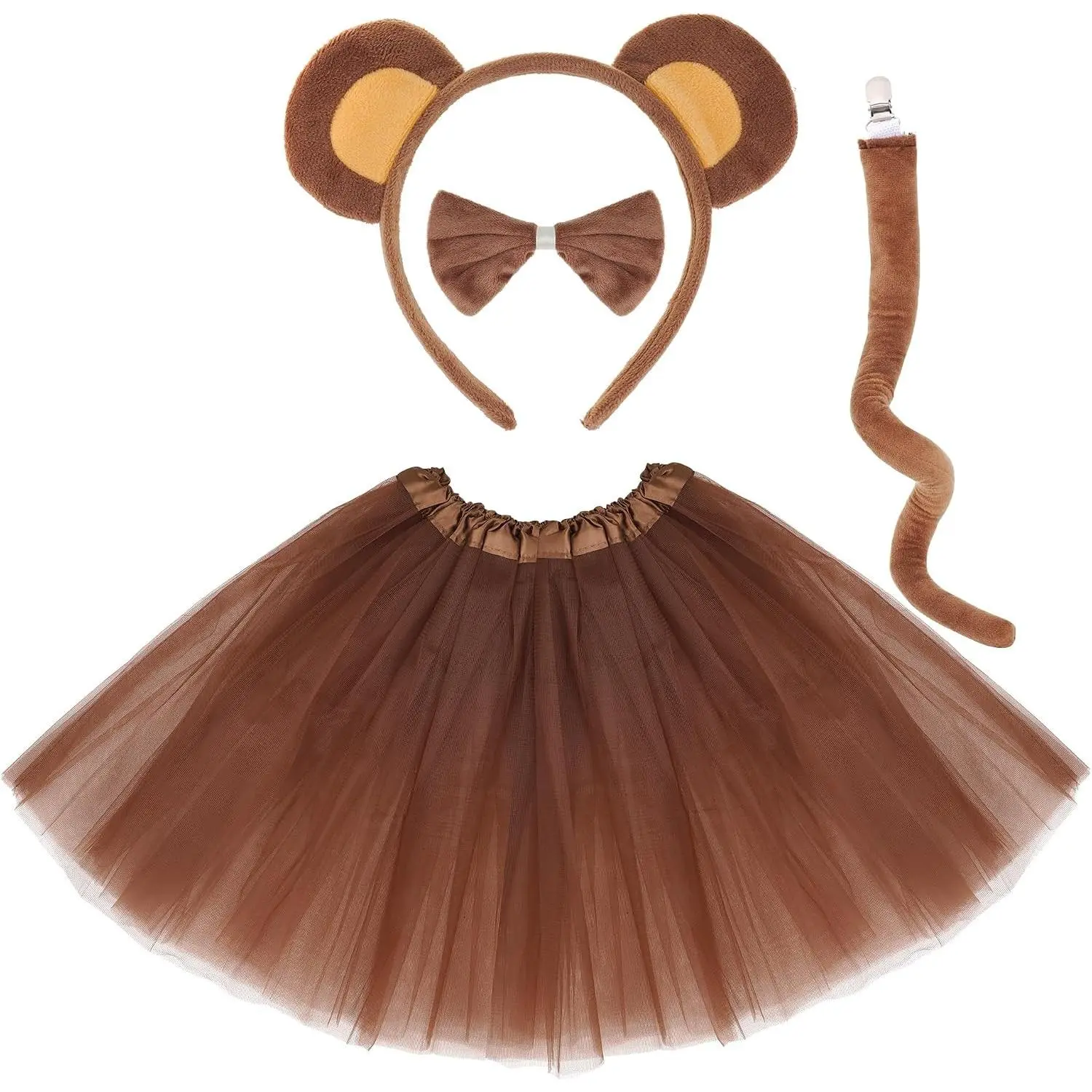 Monkey Costume Set with Ears Headband, Tail, Bowtie & Tutu - Halloween Dress Up Cosplay Accessory Kit(Gift)