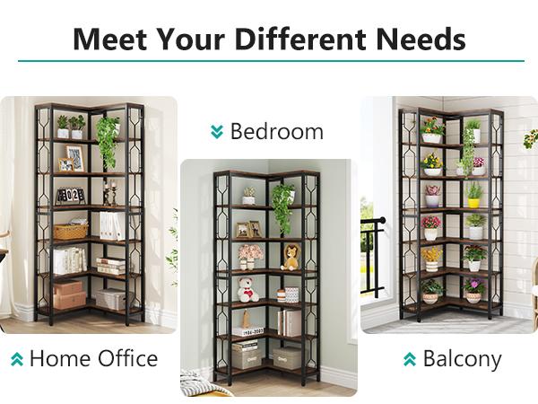 LITTLE TREE Corner Shelf, 7-Tier Industrial Corner Bookshelf, Wood and Metal Etagere Bookcase, Freestanding Display Shelf for Living Room, Kitchen, Home Office