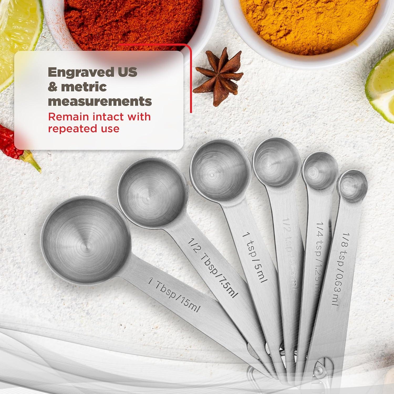 6 Piece Stainless Steel Measuring Spoons Set, Us and Metric Units, Detachable Ring, Dishwasher Safe, Includes 1tbsp, 1tsp, 1/2tbsp, 1/2tsp, 1/4tsp, 1/8tsp.Simplify your kitchen routine with measuring spoons that are dishwasher safe and quick to clean