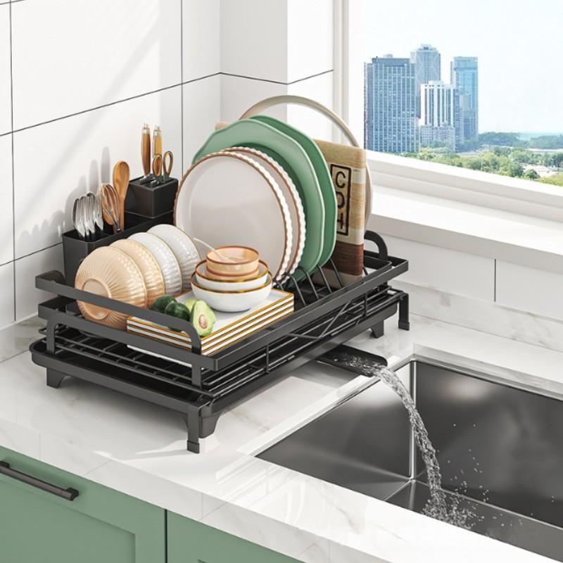 Adjustable Cutlery Rack Kitchen Organizer, Extendable Bowl and Cutlery Rack with Drain Board, Saves Space, Keeps Kitchen Tidy