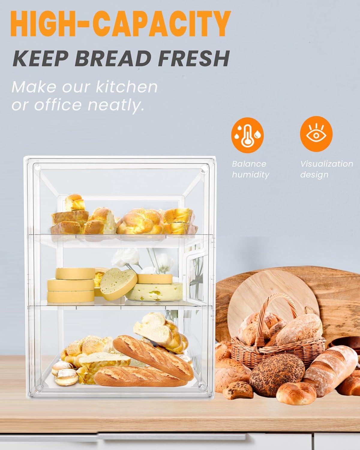 Large Capacity Kitchen Bread Storage Box, 4-Tier Adjustable Food Storage Container, Clear Airtight Countertop Organizer, Multifunctional Transparent Food Holder for Muffins, Bagels and Daily Snacks