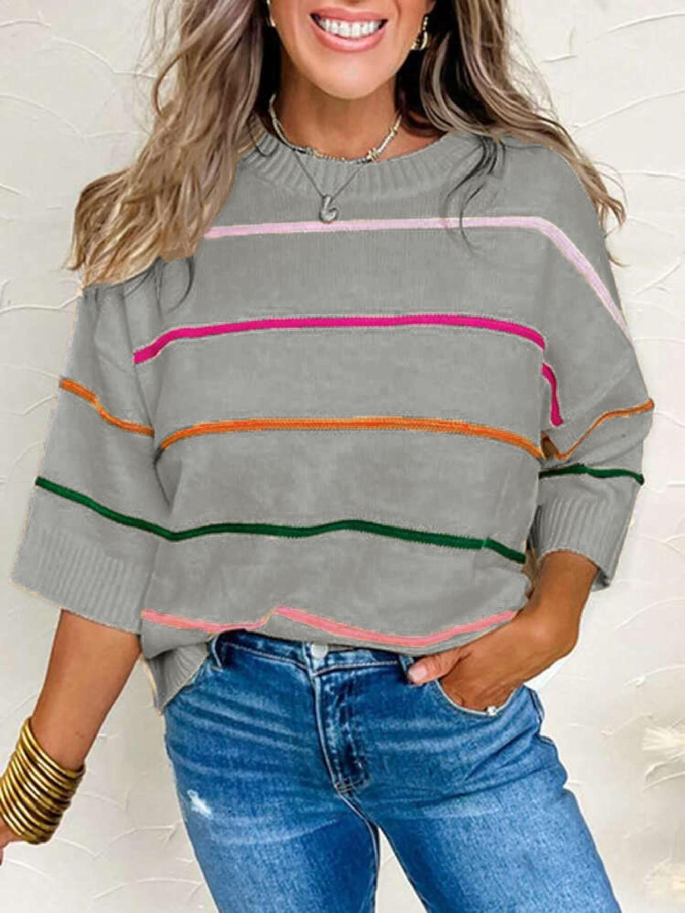 Women's Striped Print Sweater, Casual Short Sleeve Round Neck Jumper for Daily Wear, Ladies Knitwear for Spring & Fall