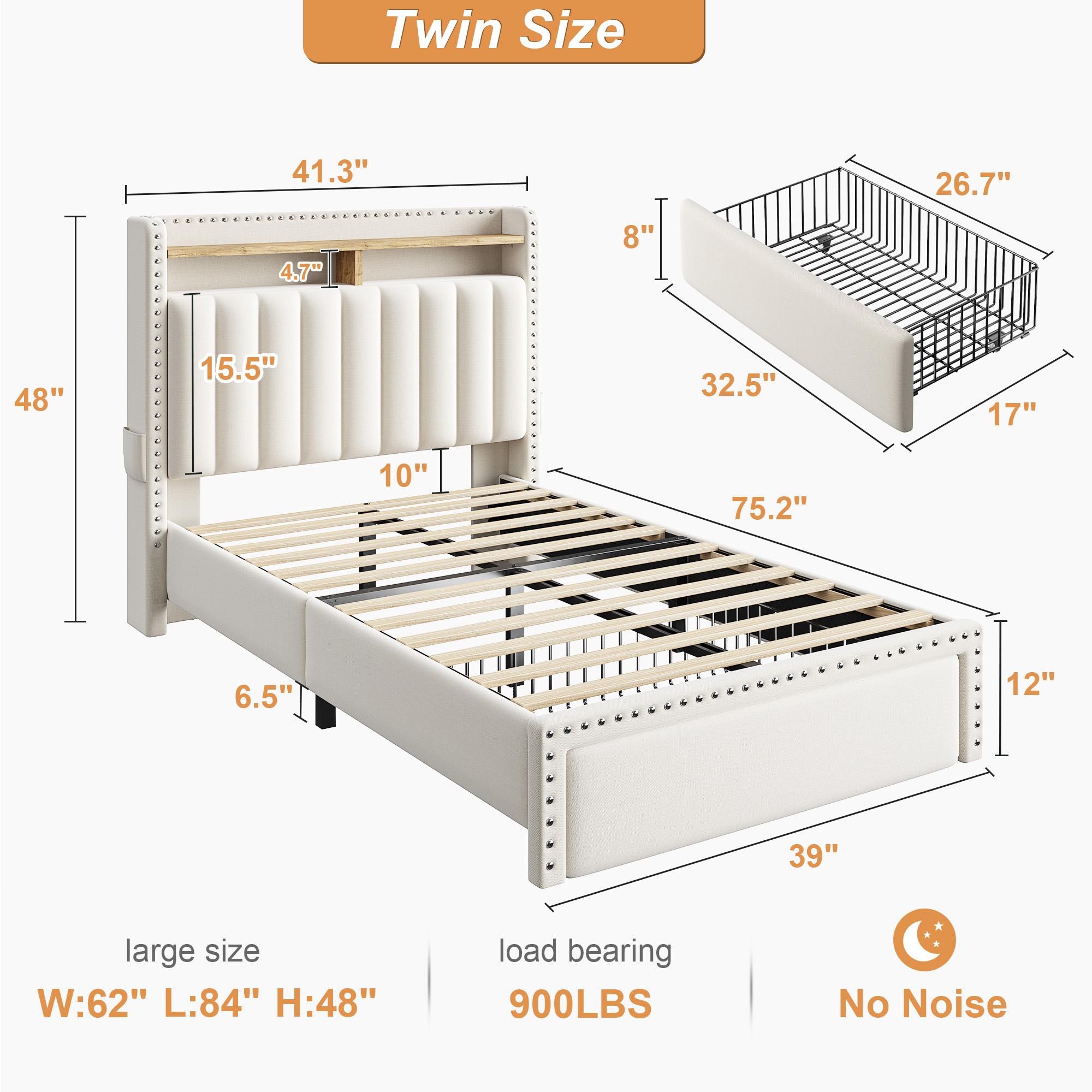 Bed Frame with 2 Storage Drawers, MATTRESS NOT INCLUDED, Bedframe with Headboard and Shelves, Upholstered Bed Frame for Queen, King, Full, Twin, NO Noise, No Box Spring Needed, Beige, Gray Bed Frame with 2 Storage Drawers, MATTRESS NOT INCLUDED, Bedframe with Headboard and Shelves, Upholstered Bed Frame for Queen, King, Full, Twin, NO Noise, No Box Spring Needed, Beige, Gray