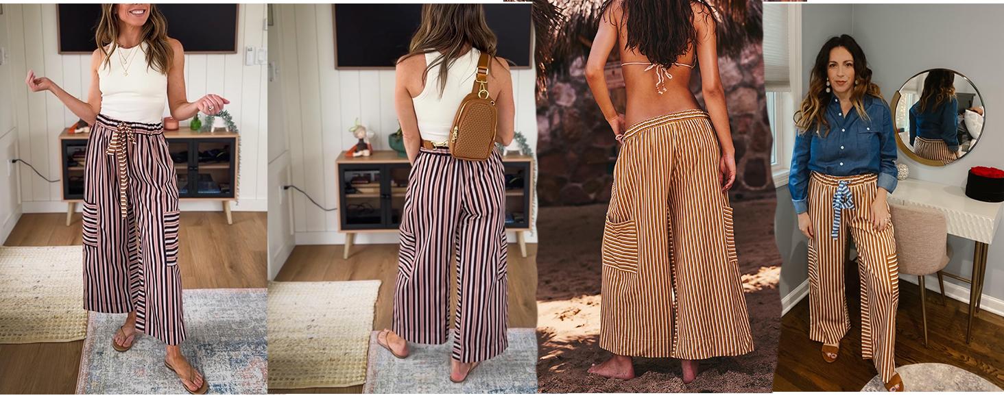 JovenPara Women's Drawstring Striped Wideleg Lounge Pants with Pockets Casual Bohemian Palazzo Trousers for Daily Wear Blue Boho Womenswear Bottom JovenPara Women's Drawstring Striped Wideleg Lounge Pants with Pockets Casual Bohemian Palazzo Trousers for Daily Wear Blue Boho Womenswear Bottom