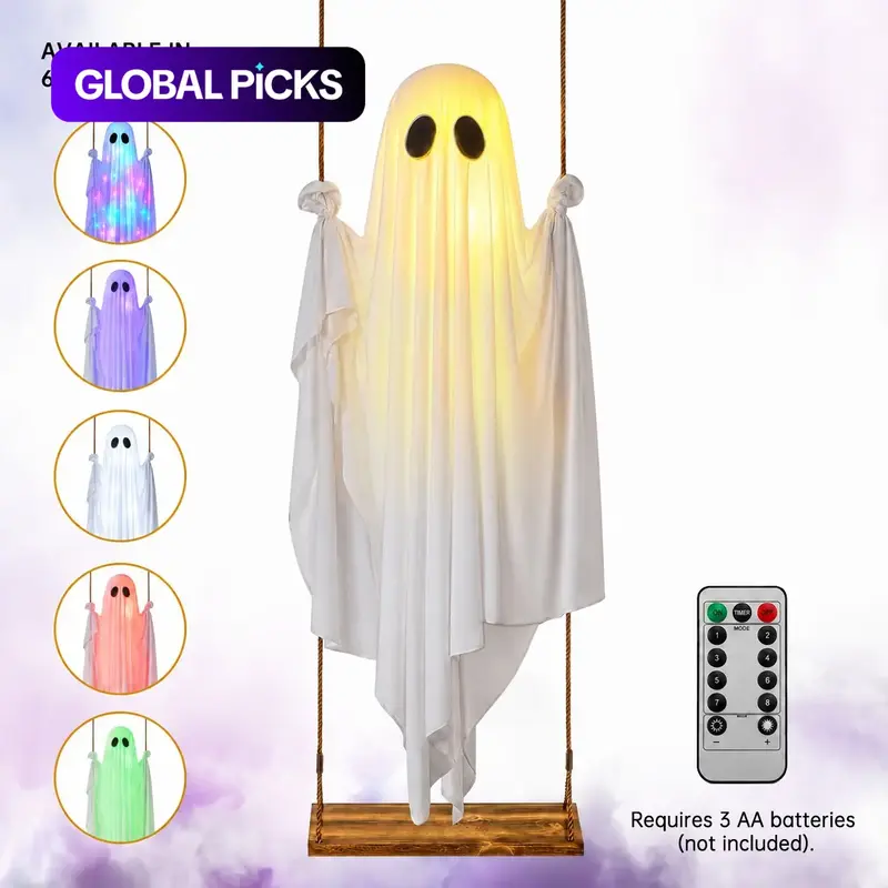 Halloween Swing Ghost Light, Glowing Hanging Ghost Decoration, Party Decoration, Remote Control, Battery Powered, 8 Modes, Timer, Outdoor Halloween Decor #GLOBAL PICKS