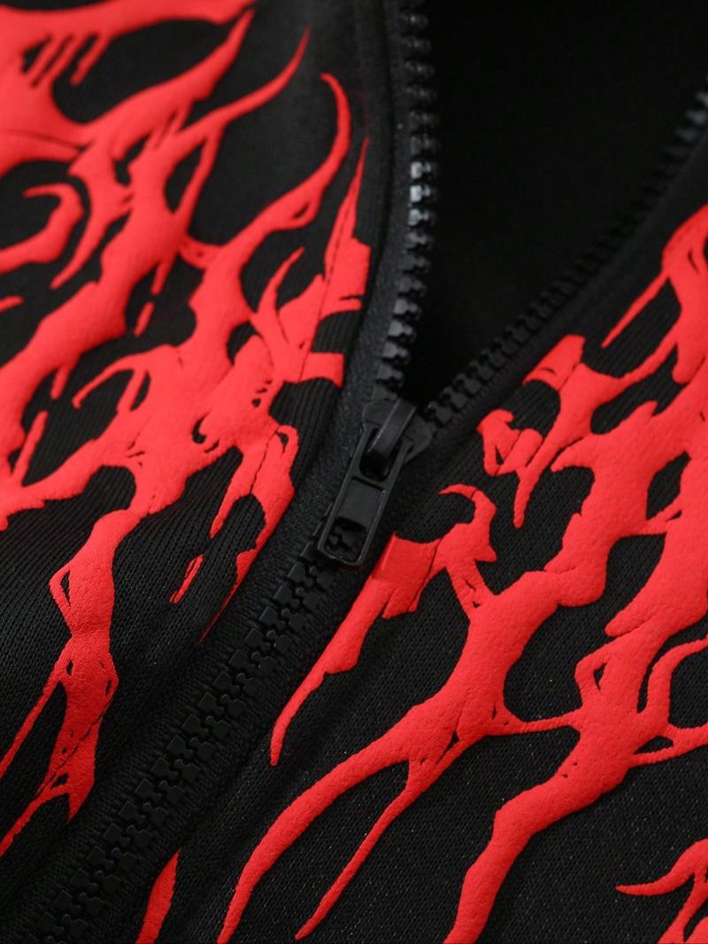 Y2K Cyber Grunge Full Zip Hoodie with Red Furry Hood | Gothic Graphic Oversized Jacket for Vampire Aesthetic | Underground Streetwear for Winter Music Festivals & Night Out