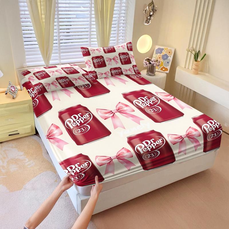 3Pcs Dr Pepper Inspired Fitted Sheet Set, Cute Red Soda Can and Pink Bow Pattern on Light Beige, Soft and Durable Fabric, Perfect for Trendy Bedroom Décor and Unique Gift Ideas!, Includes 1 Fitted Sheet and 2 Pillowcases with No Pillow Core