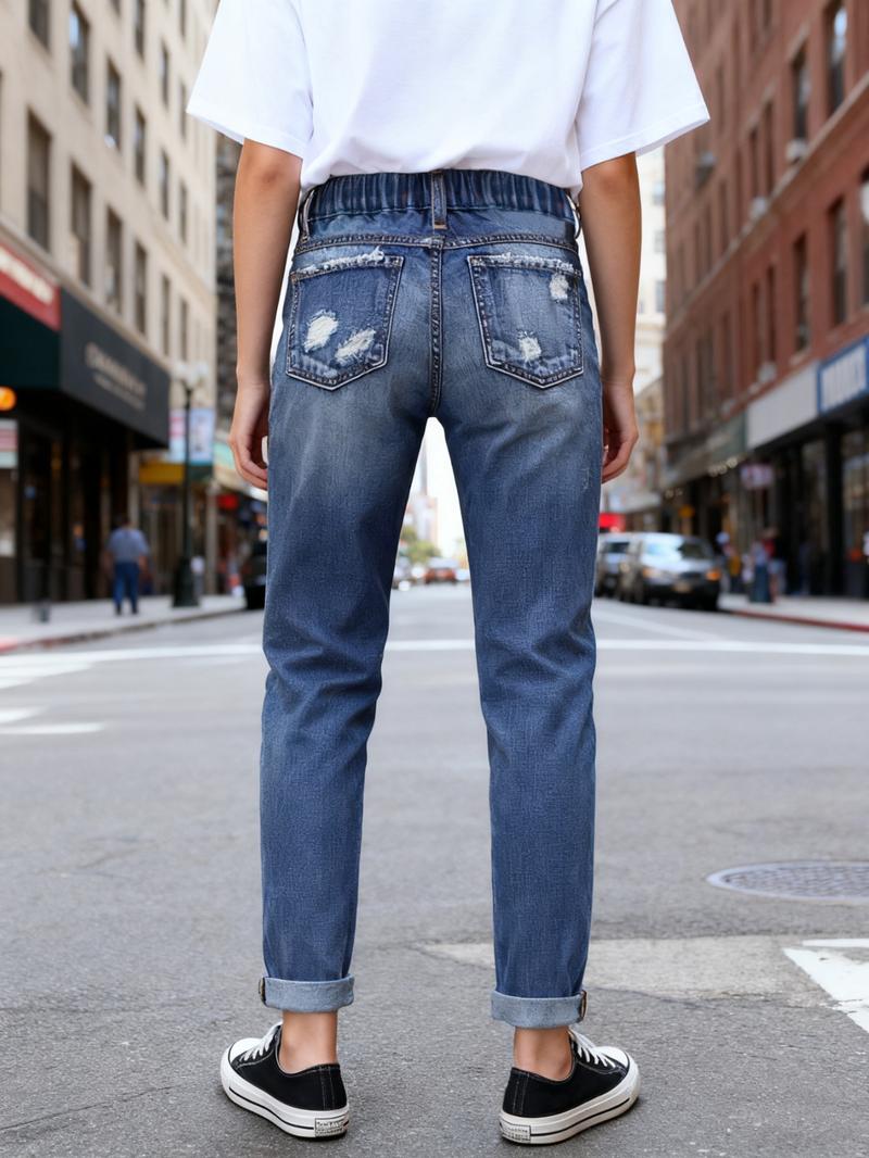 Women’s Ripped Patch Boyfriend Jeans with Multiple Cute Prints Loose Washed Denim Mid-Waist Elastic Waist Breathable & Comfy