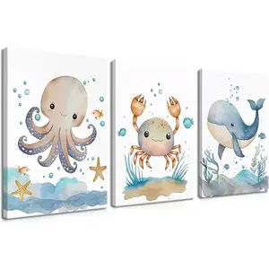 Ocean Nursery Wall Art Set of 3, Sea Animal Baby Boys Room Canvas Wall Decor Paintings, Watercolor Ocean Kids Nursery Posters Prints Pictures for Boys and Girls Room, Bedroom 12x16 Inch Framed
