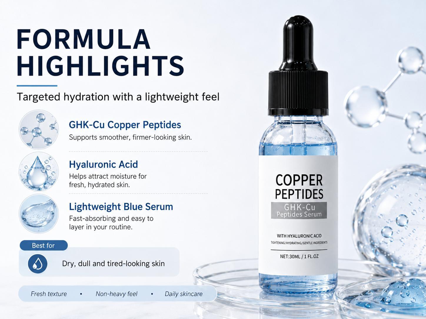 Organic GHK-Cu Copper Peptide Facial Care Serum with Hyaluronic Acid - Daily Lightweight, Alcohol-Free Formula to Hydrate, Firm, Plump, Soften, Rejuvenate, Repair Dry/Dull Skin - 1 fl oz/30 ml Skincare Essence