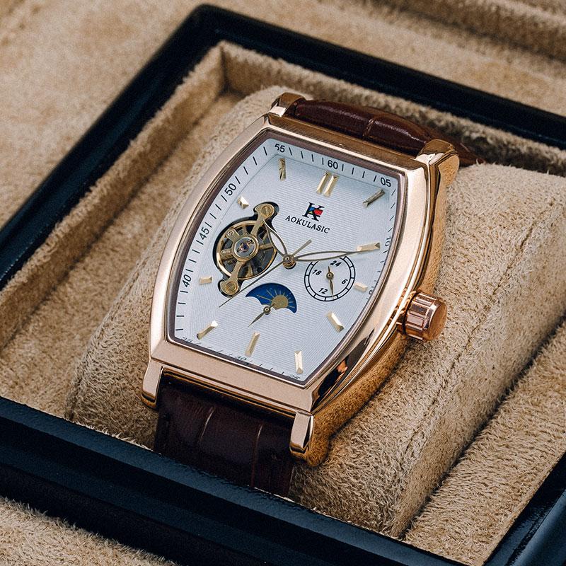 Luxury Automatic Mechanical Watch for Men, Analog Dial, Leather Strap, Moon Phase Display, Minimalist Barrel Design, No Battery Needed