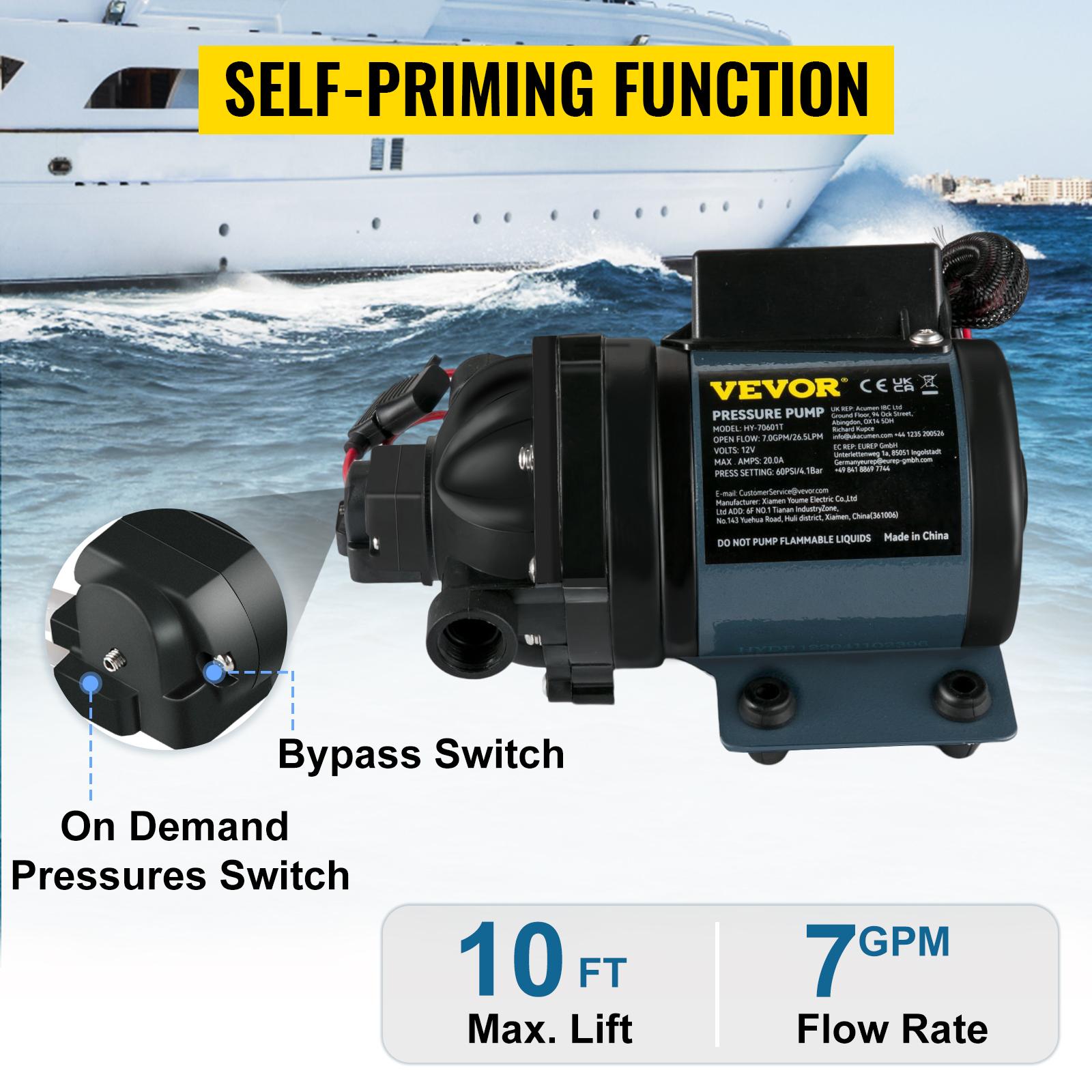VEVOR Washdown Pump, 12V DC, 7 GPM 60 PSI, Max. 10 FT Lift Self Priming Water Pump, with EPDM Valve, Universal Salt Water Strainer Female/Male Thread, for RV, Marine Deck, Yacht