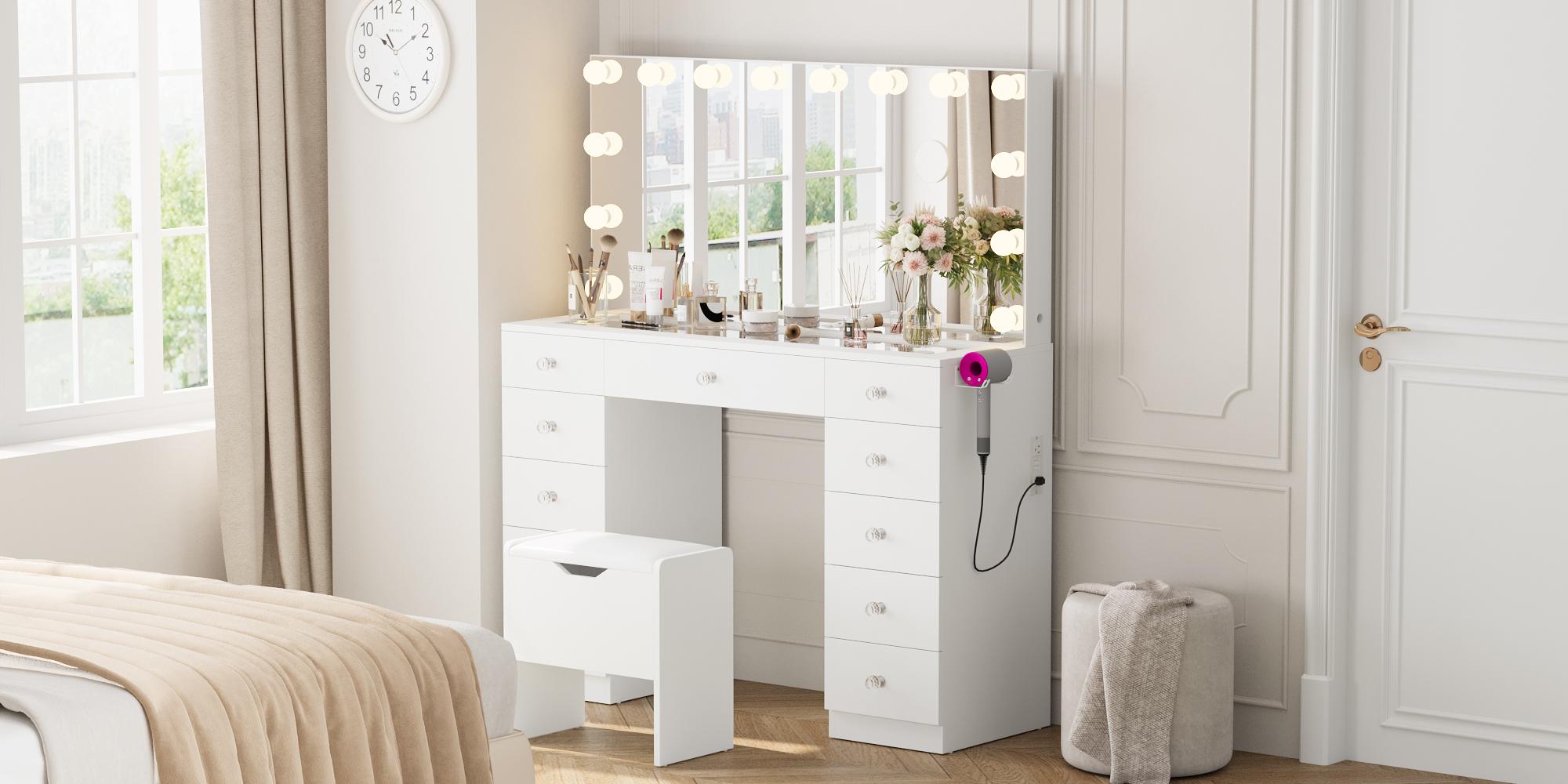 VOWNER Vanity with 10×Magnifying Mirror, With Glass Top&Power Outlet, 3 Color Light Options, 43" Vanity Table with 11 Drawers&Stool, Bedroom, White VOWNER Vanity with 10×Magnifying Mirror, With Glass Top&Power Outlet, 3 Color Light Options, 43" Vanity Table with 11 Drawers&Stool, Bedroom, White