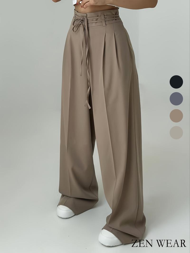 New High Waist Belted Wide Leg Pants Women, Vintage Casual Straight Long Trousers, Retro Style Ladies Fashion Clothing