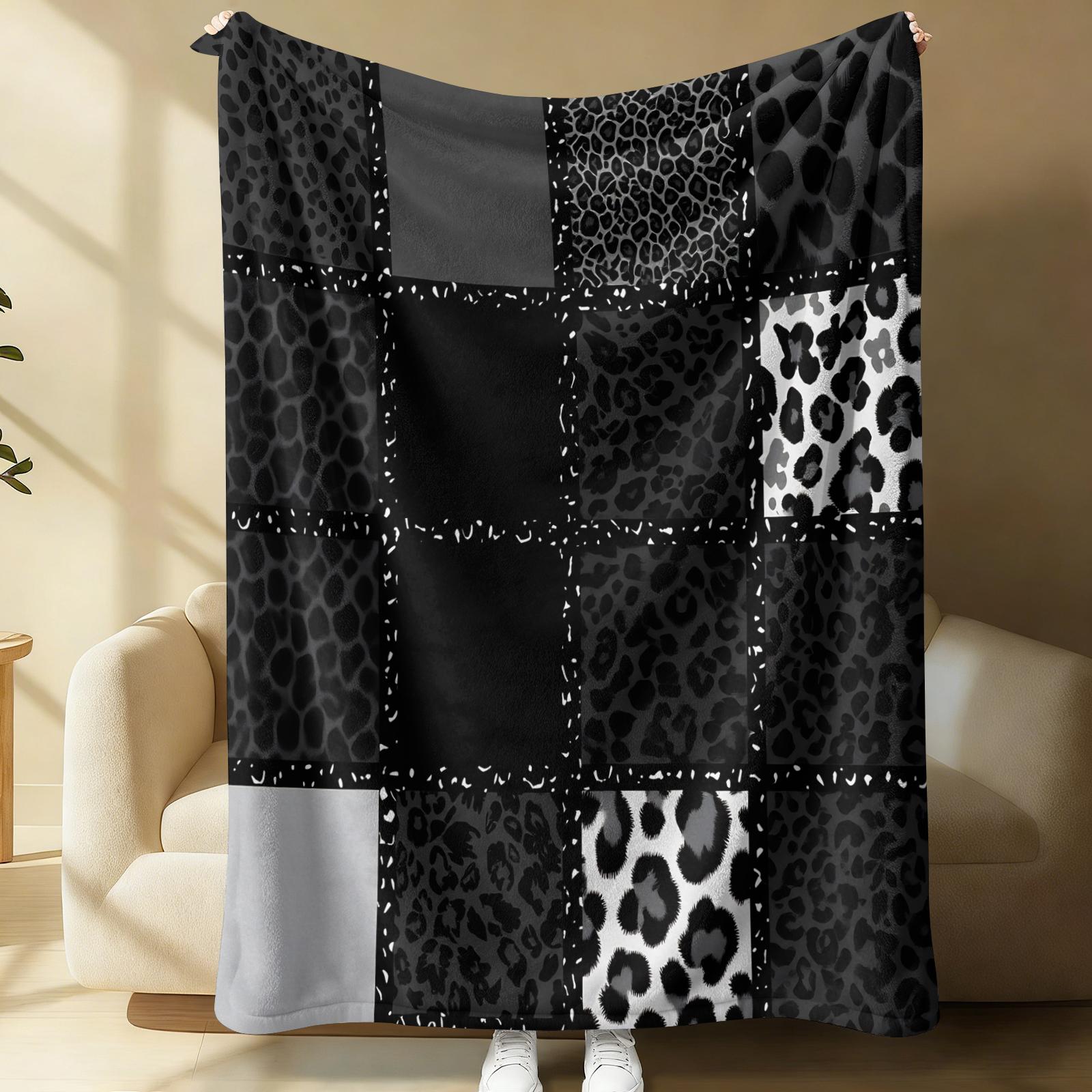 Dark Y2K Leopard Spliced Print Flannel Throw Blanket, Lightweight, Soft And Breathable, Cozy Throw Blankets. Black-Gray Cheetah Print Works For Sofas, Dorms, Travel And Camping. Delivers Cool Personal Charm, Trendy All-Season Blanket
